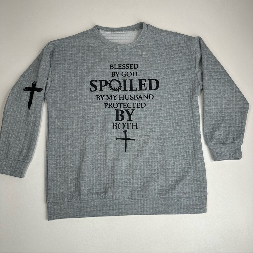 Women’s Waffle Knit Pullover Blessed By God Spoiled By Husband Sweater Size XL